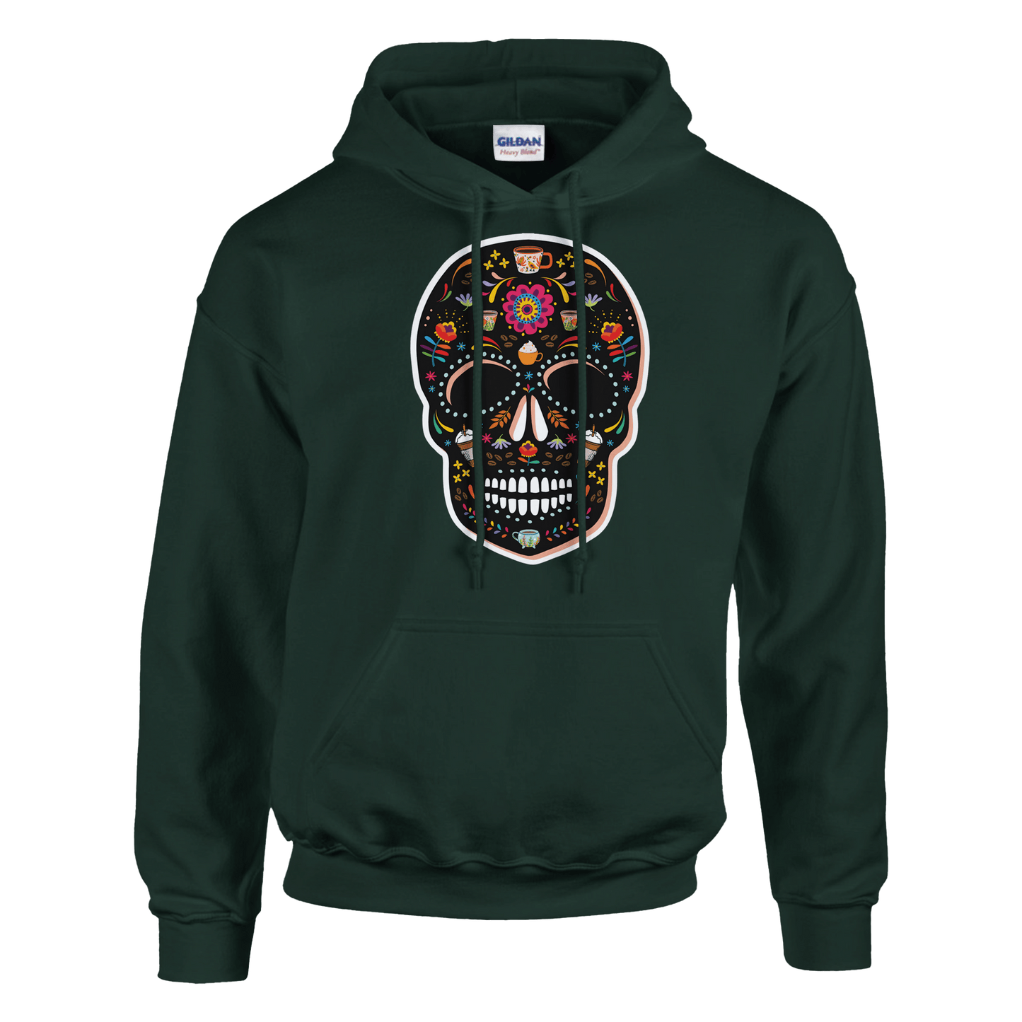 Good Bean Gifts "Caffeinated Sugar Skull" Unisex Pullover Hoodie | Gildan® 18500 Forest Green / S