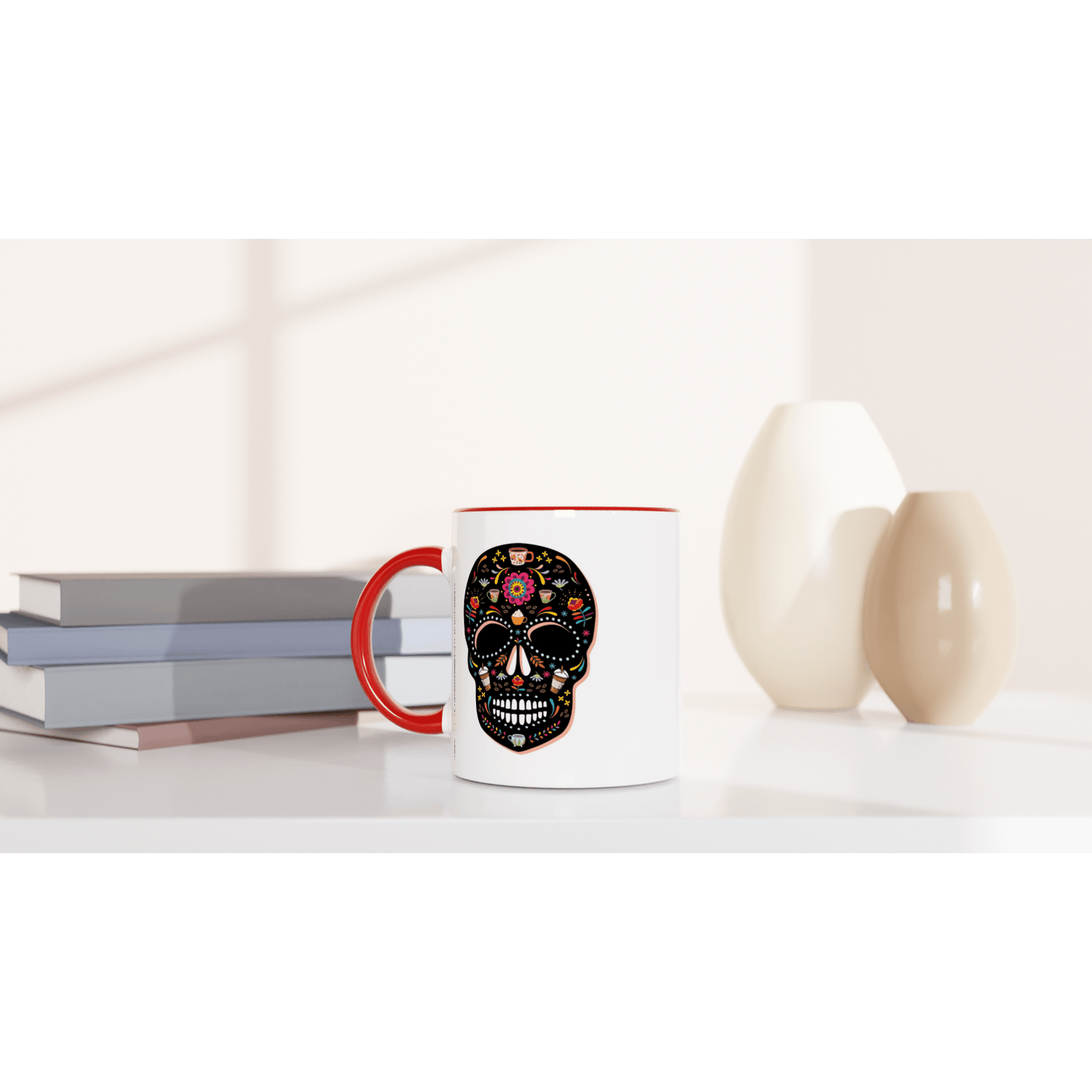 Good Bean Gifts "Caffeinated Sugar Skull" White 11oz Ceramic Mug with Color Inside