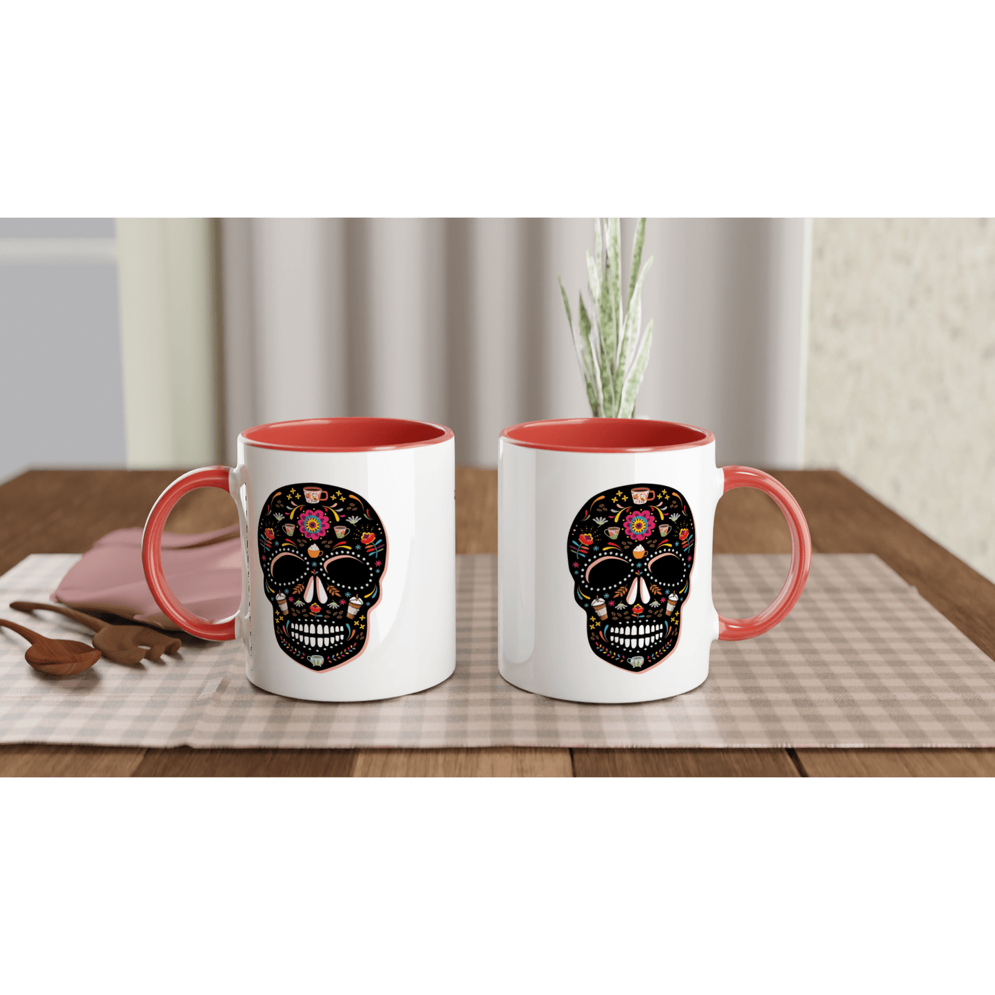 Good Bean Gifts "Caffeinated Sugar Skull" White 11oz Ceramic Mug with Color Inside