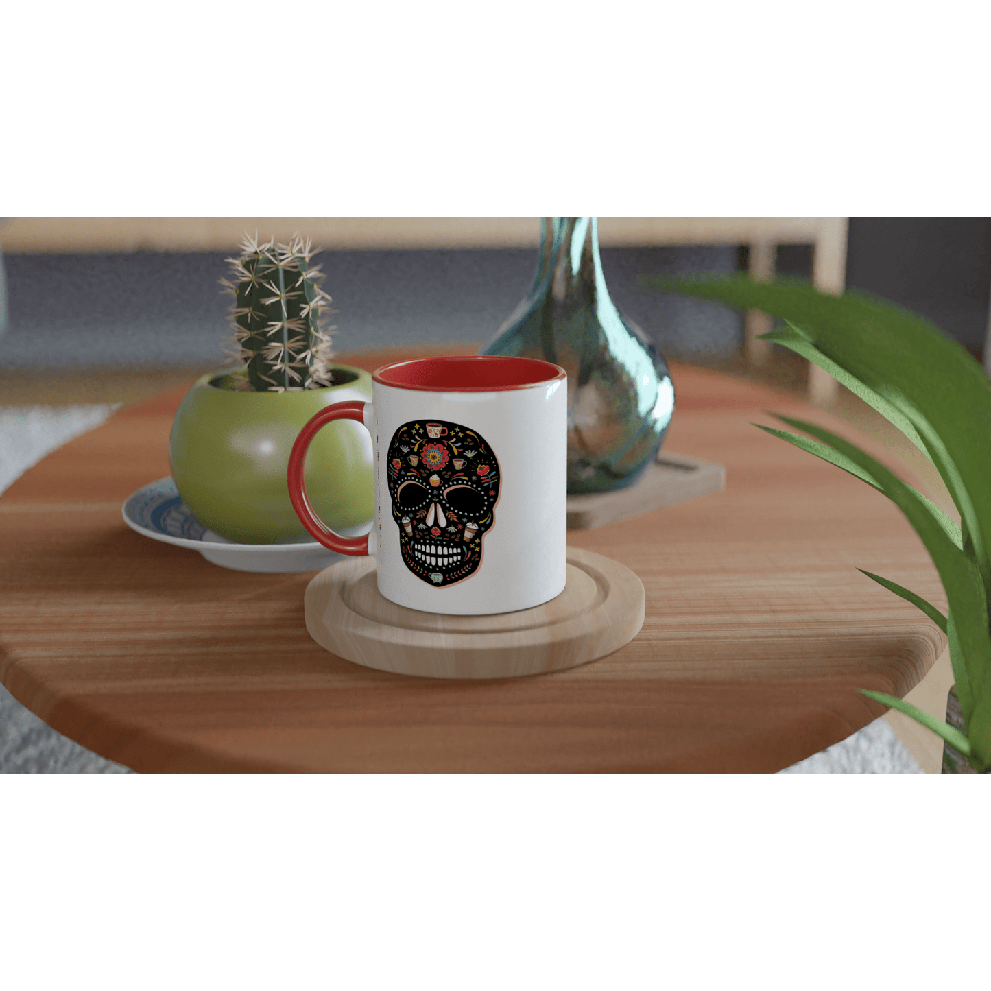 Good Bean Gifts "Caffeinated Sugar Skull" White 11oz Ceramic Mug with Color Inside