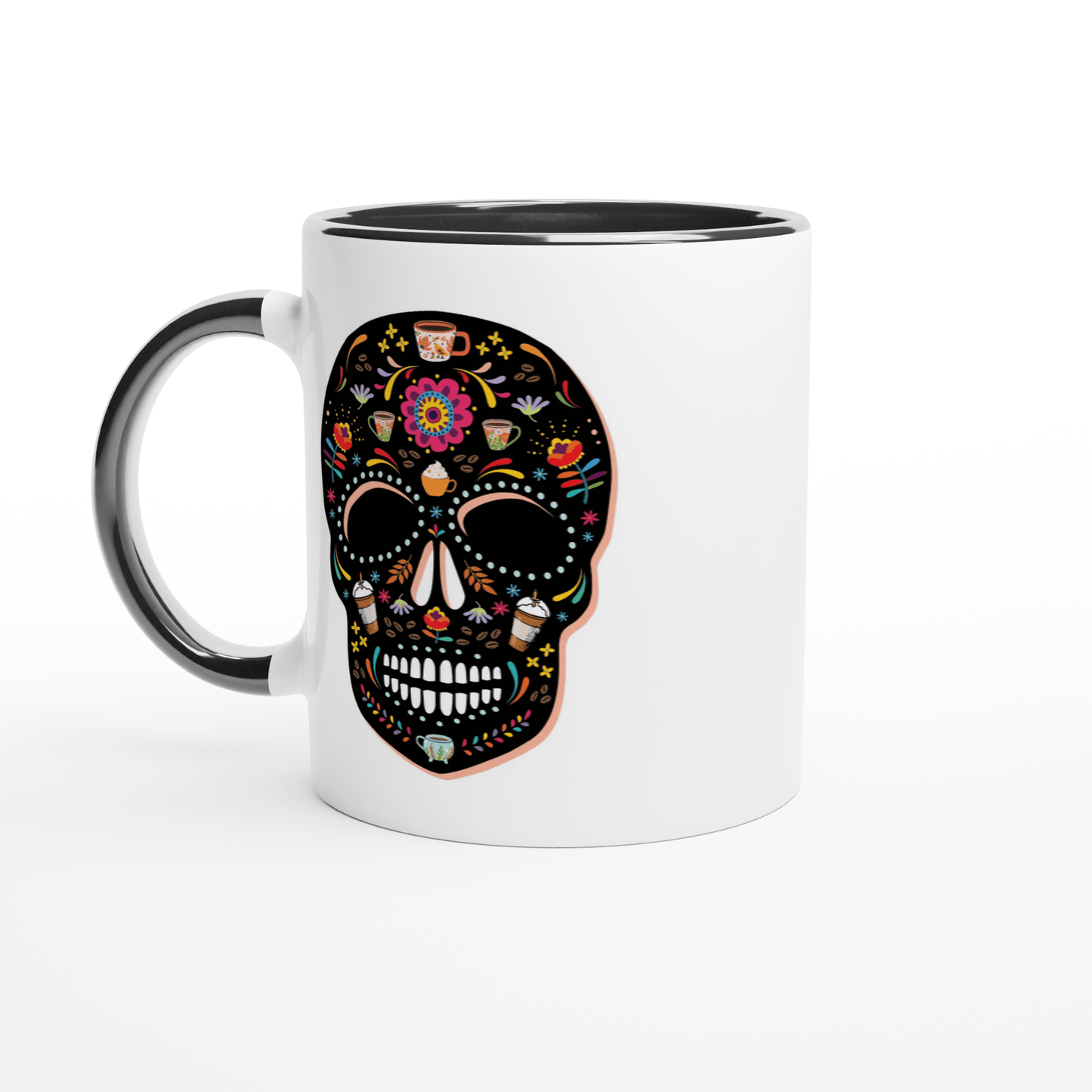 Good Bean Gifts "Caffeinated Sugar Skull" White 11oz Ceramic Mug with Color Inside Ceramic Black