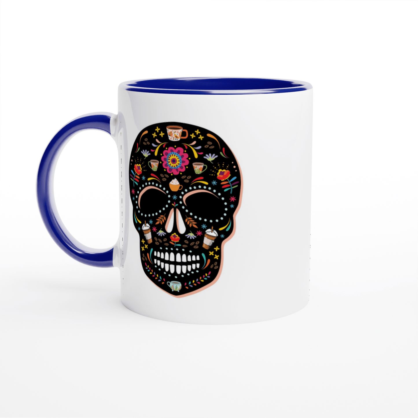 Good Bean Gifts "Caffeinated Sugar Skull" White 11oz Ceramic Mug with Color Inside Ceramic Blue