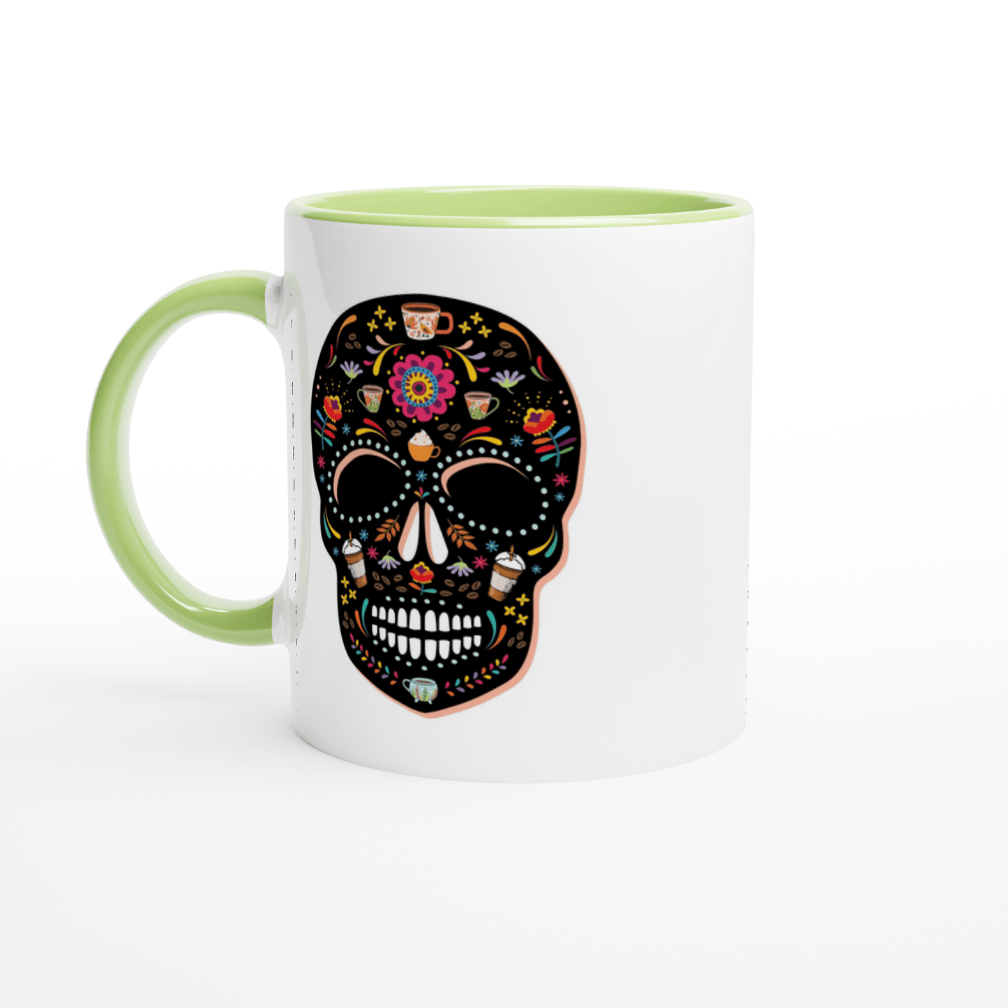 Good Bean Gifts "Caffeinated Sugar Skull" White 11oz Ceramic Mug with Color Inside Ceramic Green