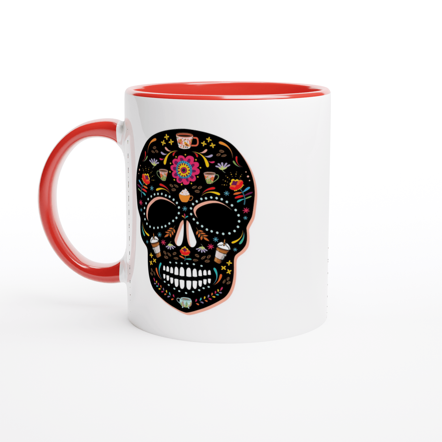Good Bean Gifts "Caffeinated Sugar Skull" White 11oz Ceramic Mug with Color Inside Ceramic Red