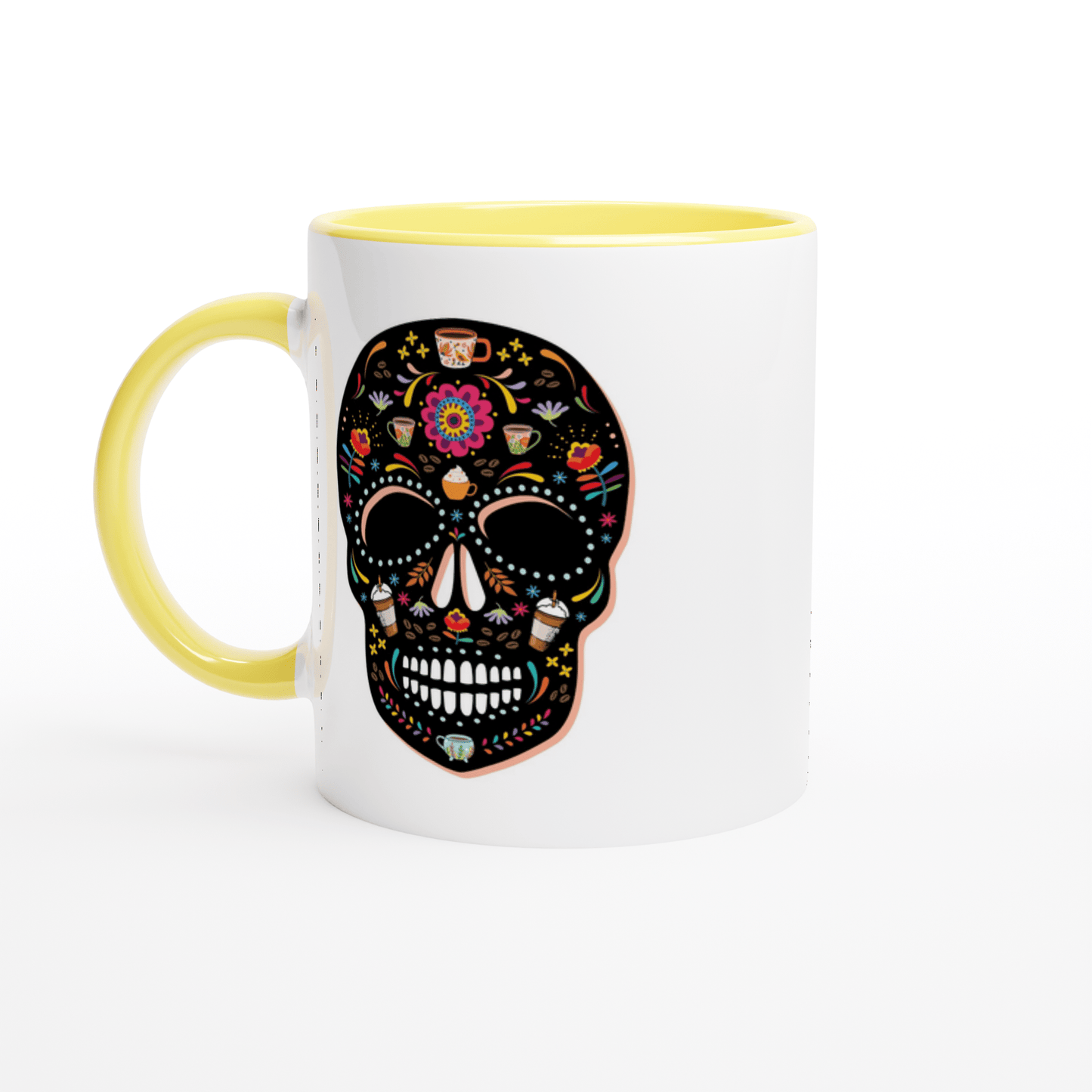 Good Bean Gifts "Caffeinated Sugar Skull" White 11oz Ceramic Mug with Color Inside Ceramic Yellow