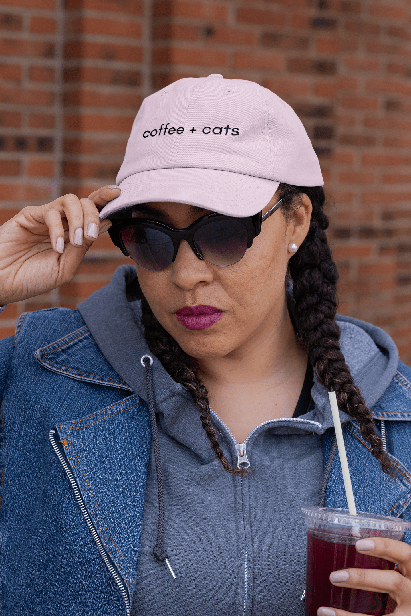Good Bean Gifts "Coffee + Cats" Embroidered Dad Cap – Perfect Hat for Cat Lovers and Coffee Enthusiasts Pink