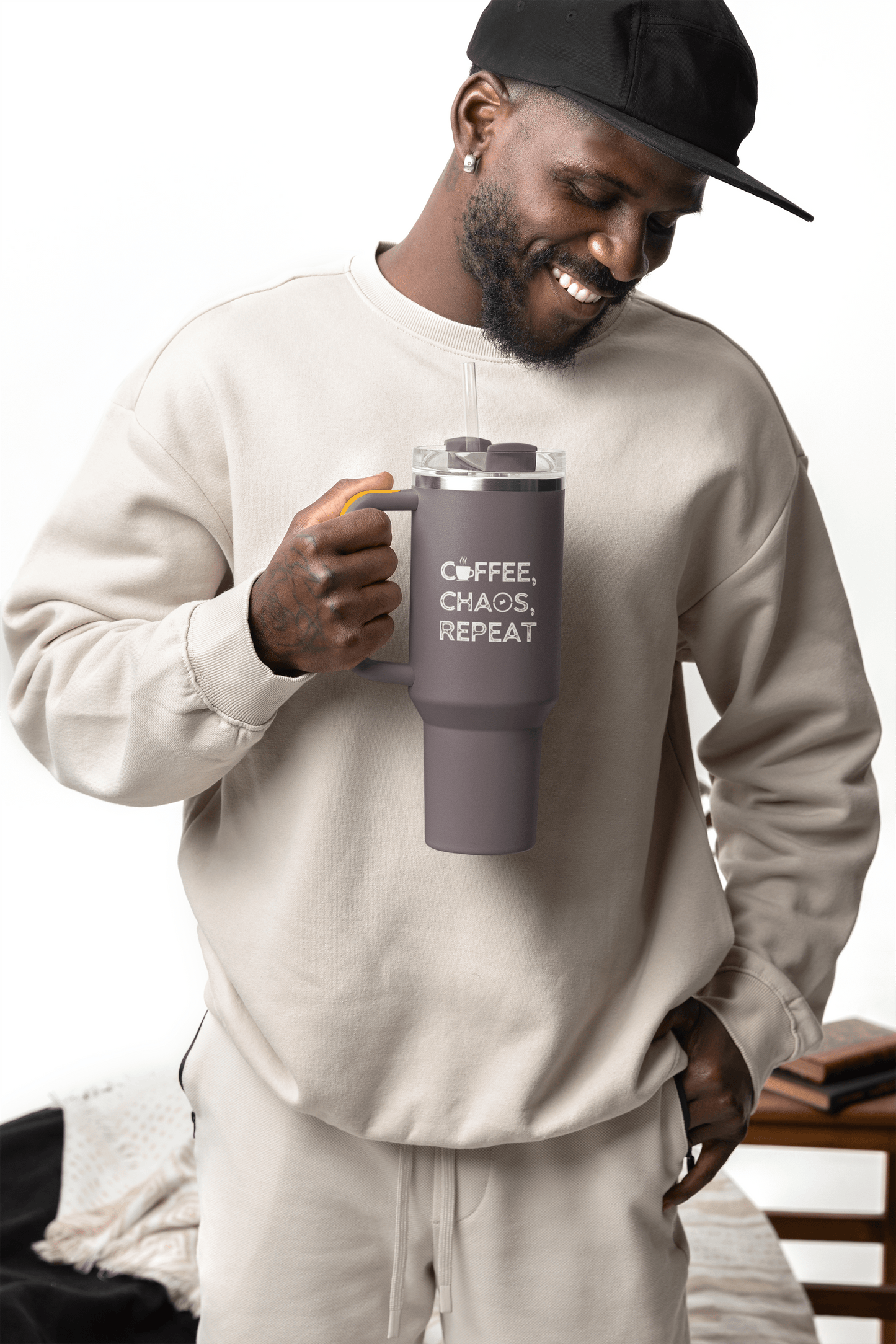 Good Bean Gifts "Coffee, Chaos, Repeat" Insulated Travel Mug, 40oz Dark Gray / 40oz
