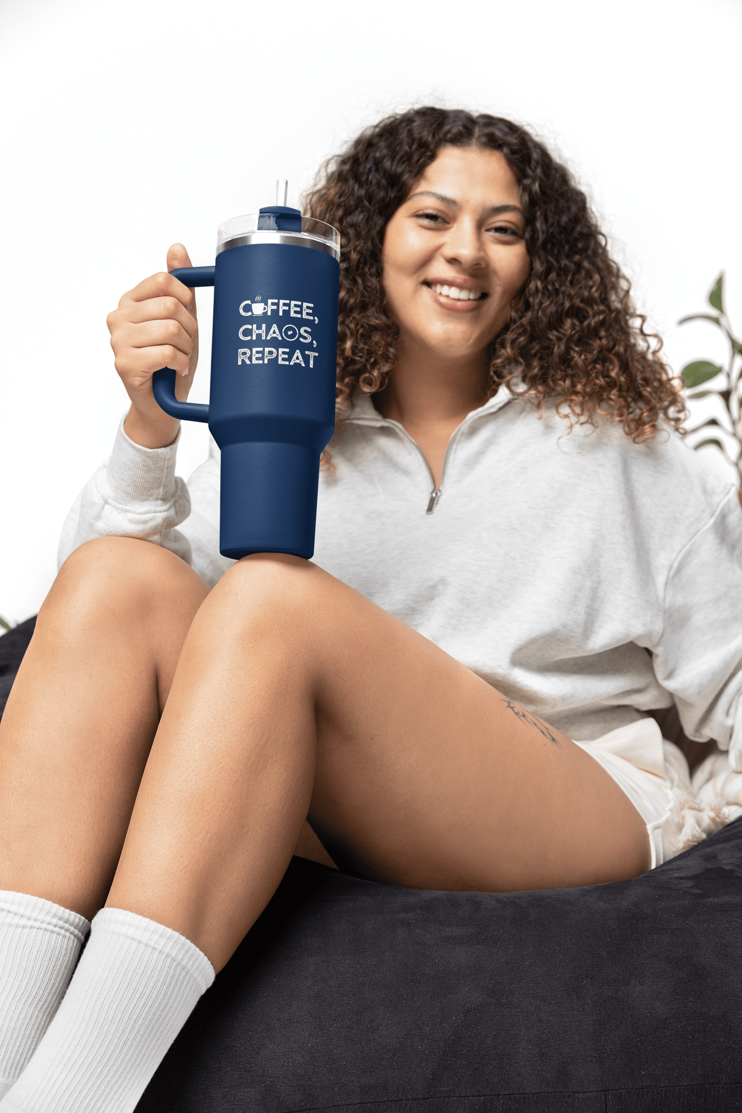 Good Bean Gifts "Coffee, Chaos, Repeat" Insulated Travel Mug, 40oz Navy Blue / 40oz