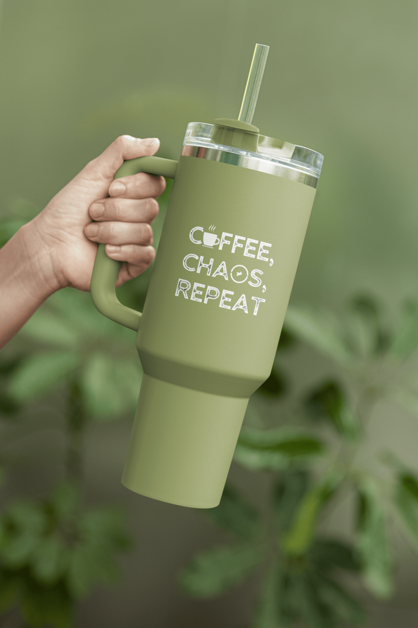 Good Bean Gifts "Coffee, Chaos, Repeat" Insulated Travel Mug, 40oz Olive Green / 40oz