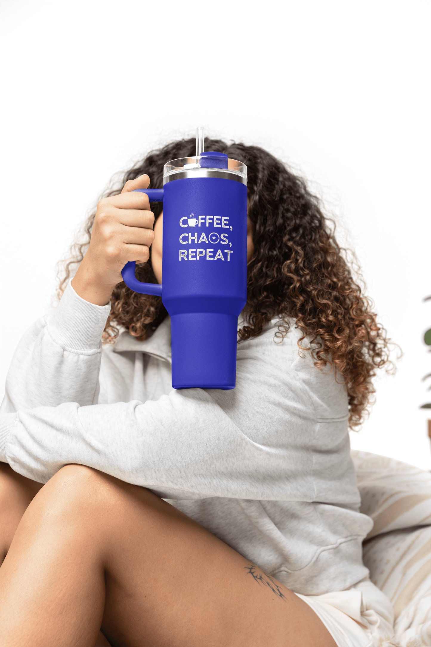 Good Bean Gifts "Coffee, Chaos, Repeat" Insulated Travel Mug, 40oz Royal Blue / 40oz