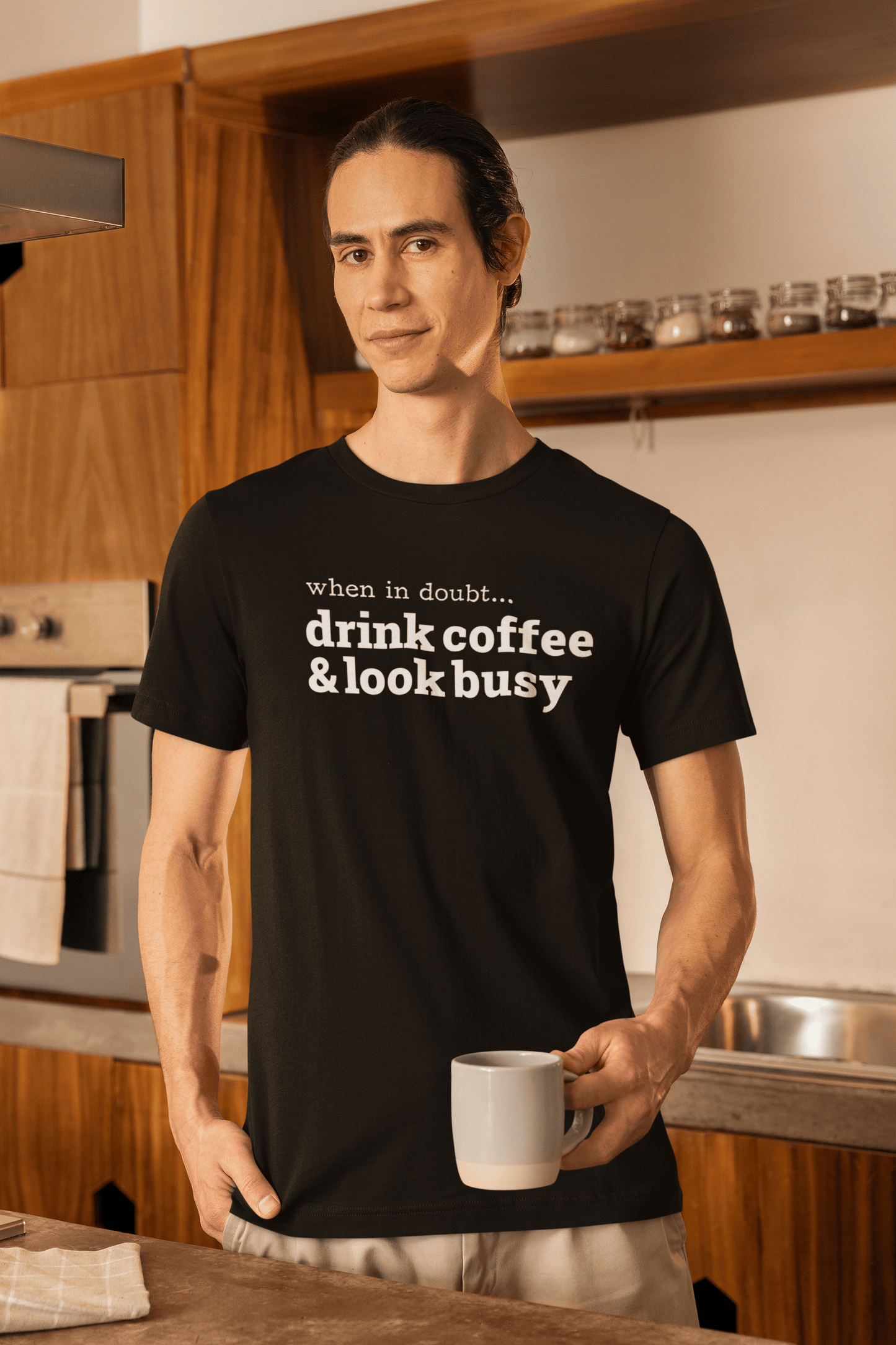 Good Bean Gifts Drink Coffee & Look Busy - Unisex Crewneck T-shirt | Bella + Canvas 3001 Black / S