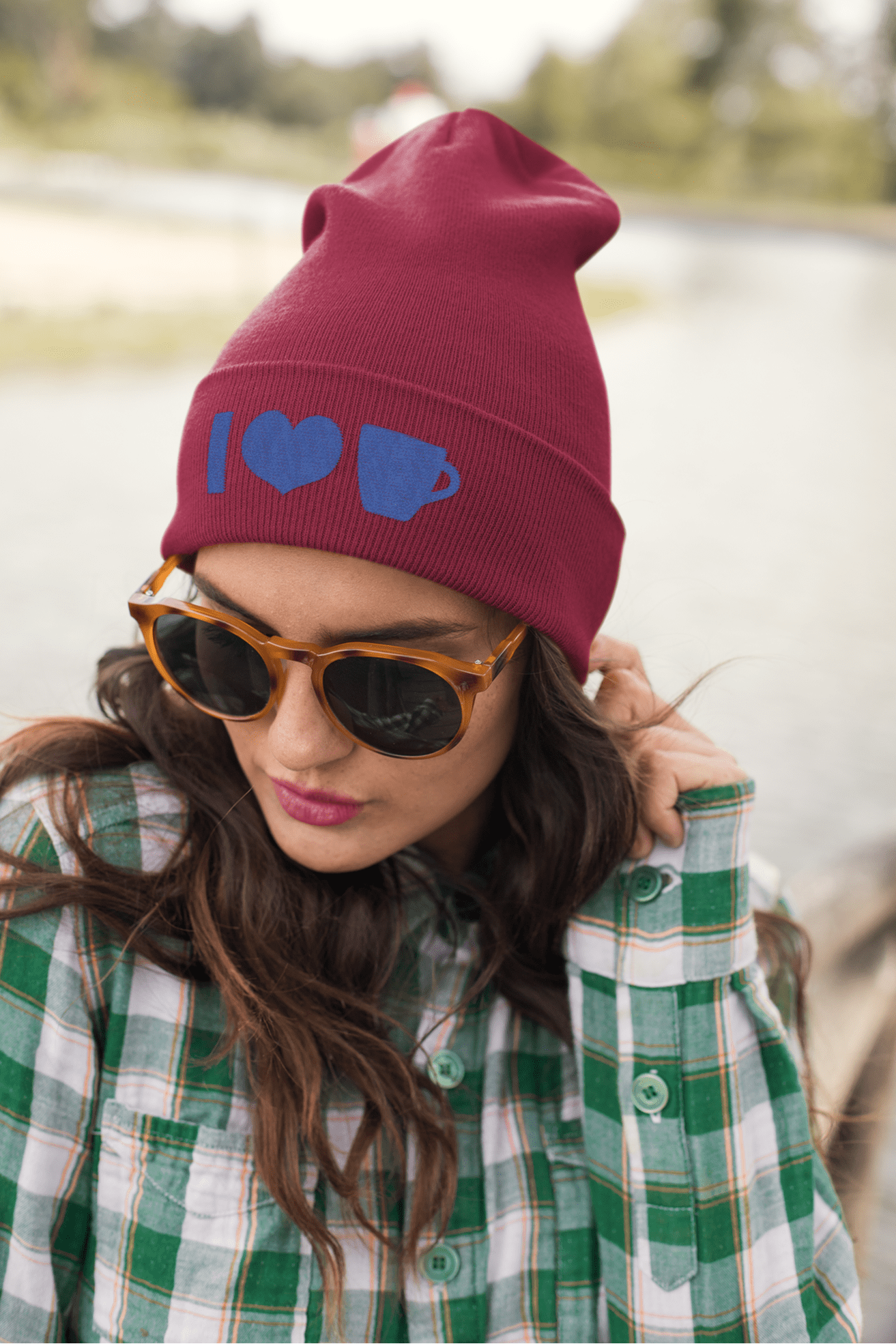 Good Bean Gifts I Heart Coffee ICONS - Stylish & Warm Flexfit Cuffed Hat Maroon