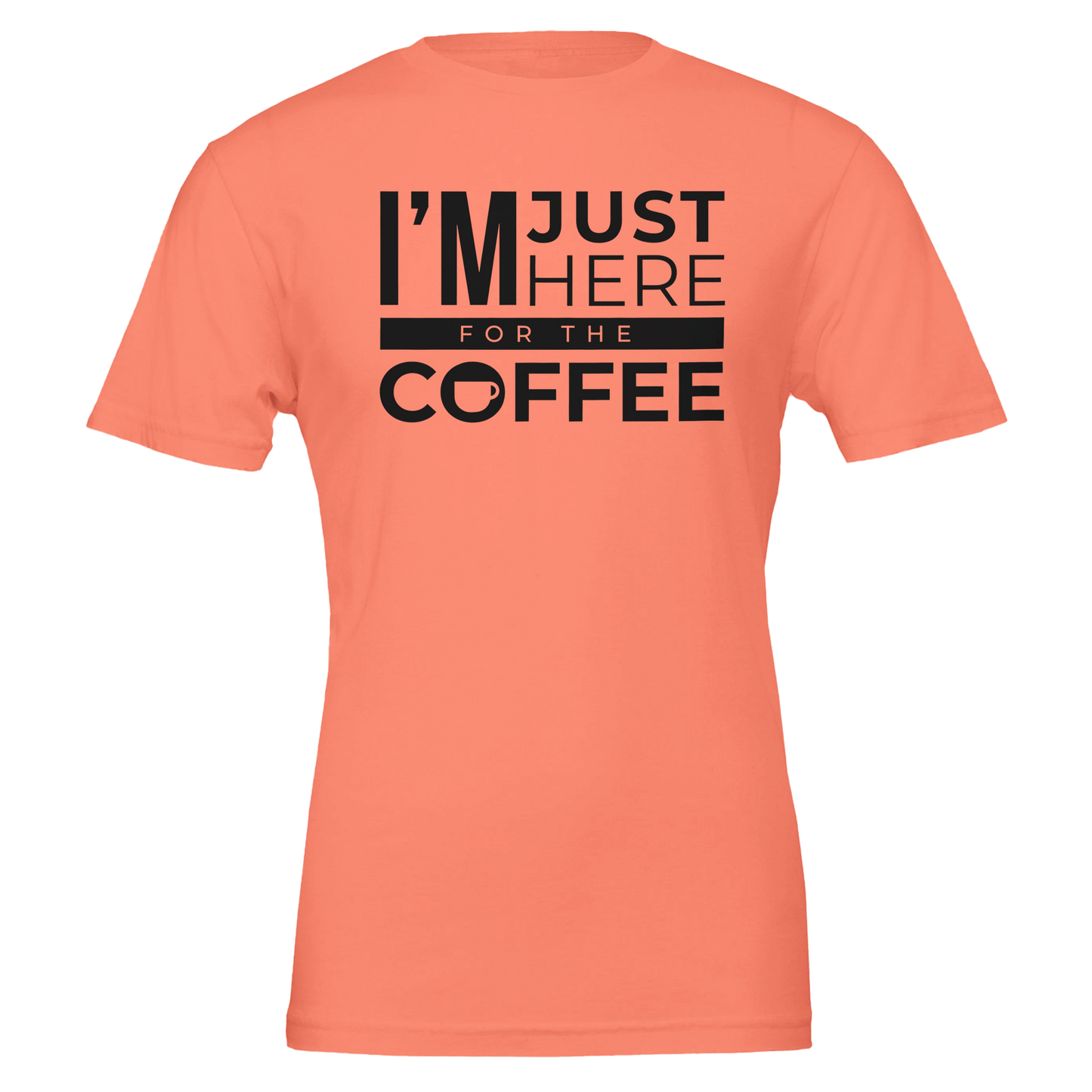 Good Bean Gifts I'm Just Here for the Coffee Unisex Crewneck T-shirt | Bella + Canvas 3001 Coral / S