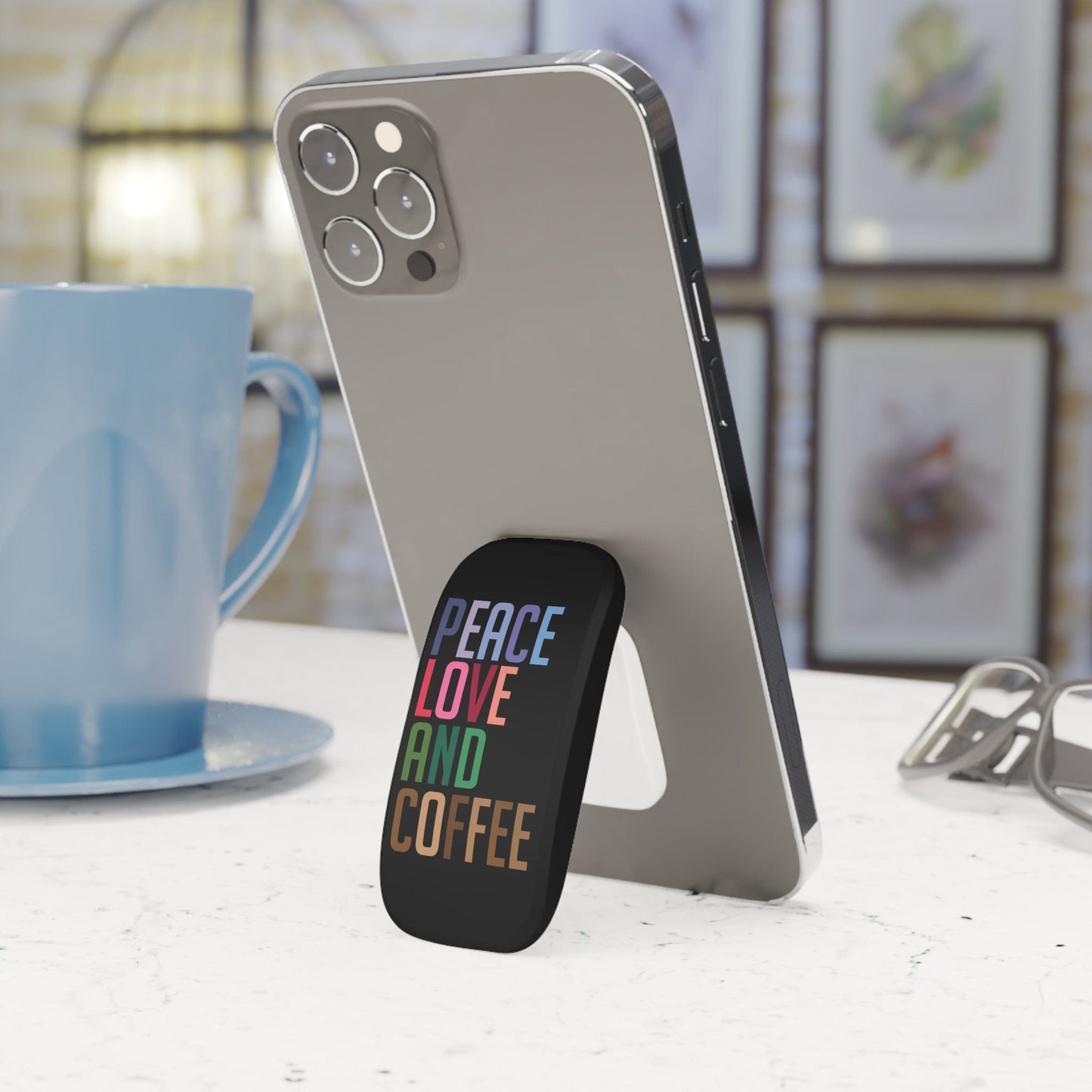 Good Bean Gifts "Peace Love and Coffee" - Phone Click-On Grip
