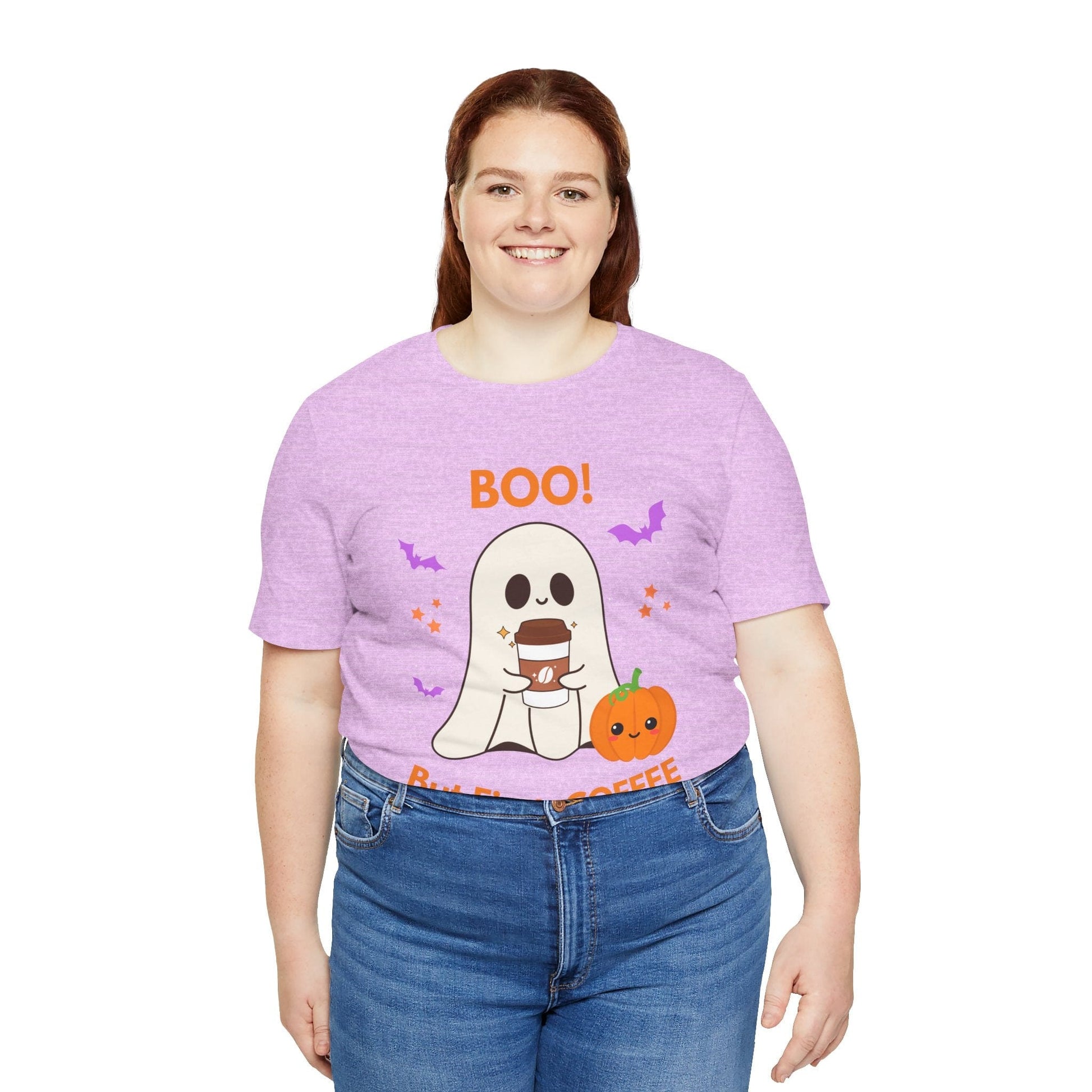 Good Bean Gifts BOO! But First, Coffee T- Shirt Heather Prism Lilac / XS