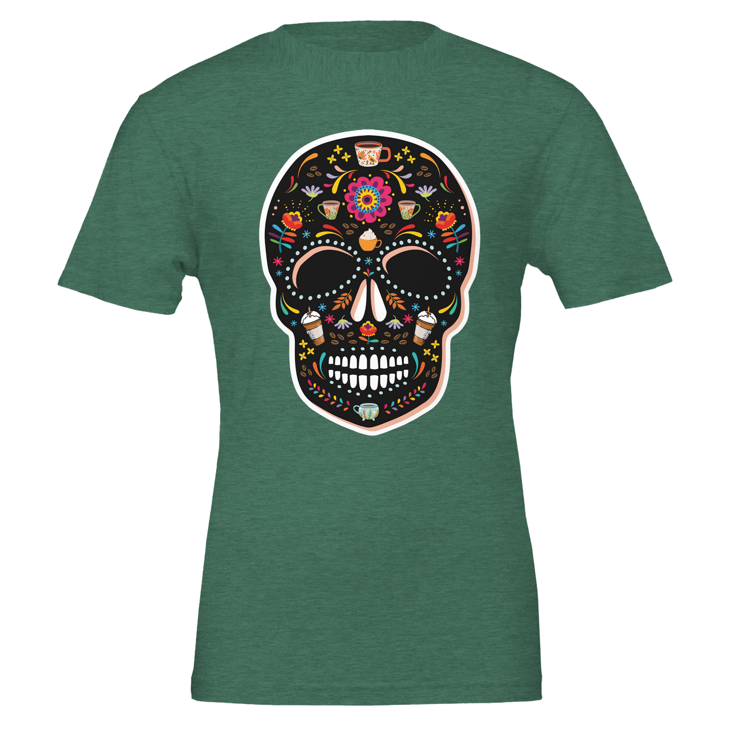 Good Bean Gifts Caffeinated Sugar Skull - Crewneck T-shirt | Bella + Canvas 3001 Heather Grass Green / S