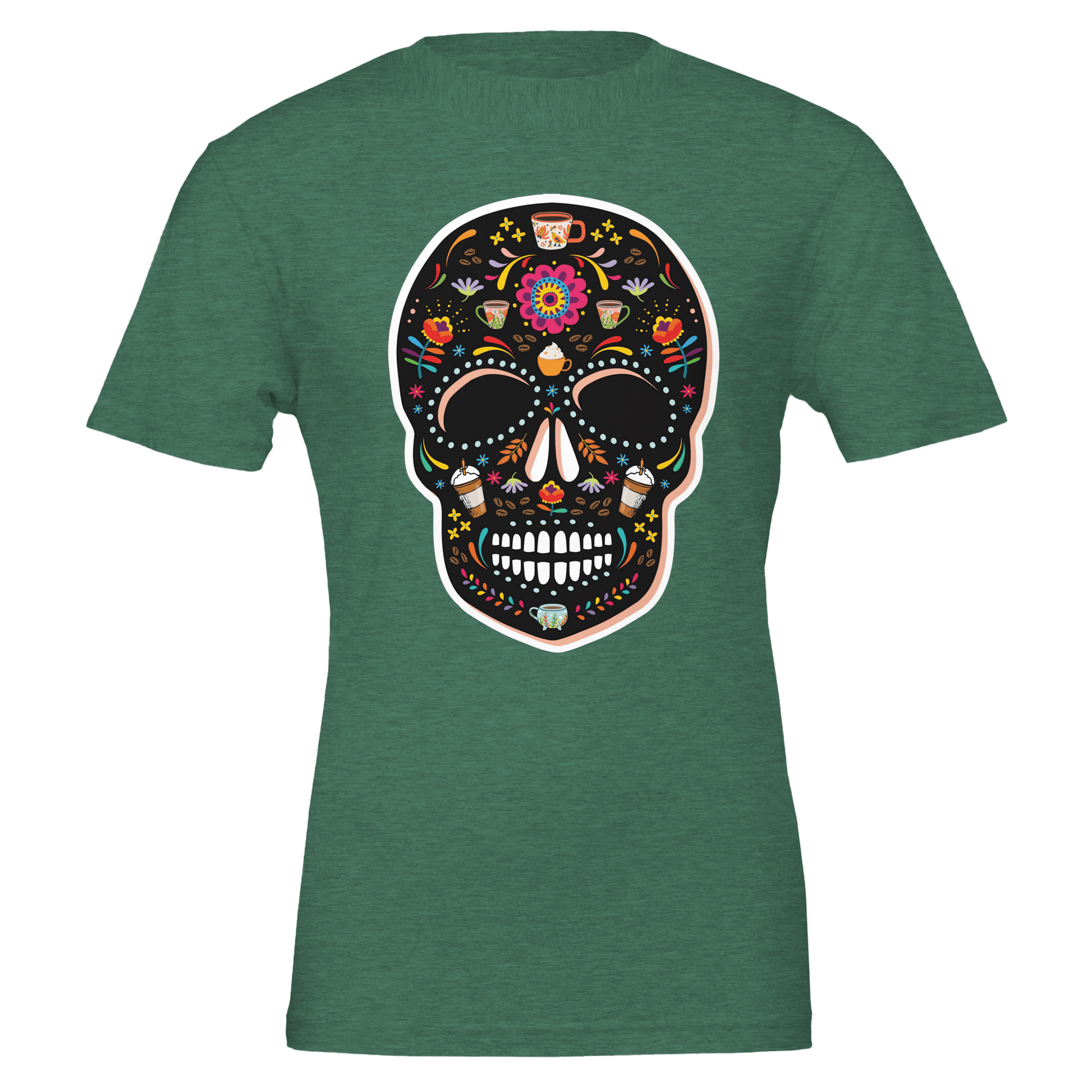 Good Bean Gifts Caffeinated Sugar Skull - Crewneck T-shirt | Bella + Canvas 3001 Heather Grass Green / S