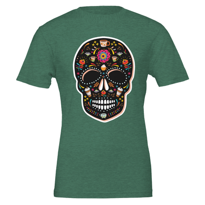 Good Bean Gifts Caffeinated Sugar Skull - Crewneck T-shirt | Bella + Canvas 3001 Heather Grass Green / S