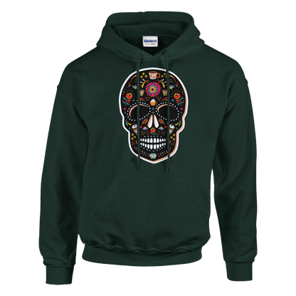 Good Bean Gifts "Caffeinated Sugar Skull"  Unisex Pullover Hoodie | Gildan® 18500 Forest Green / S