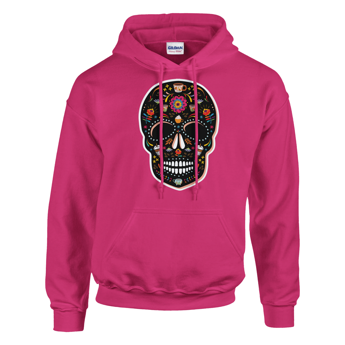 Good Bean Gifts "Caffeinated Sugar Skull"  Unisex Pullover Hoodie | Gildan® 18500 Heliconia / S