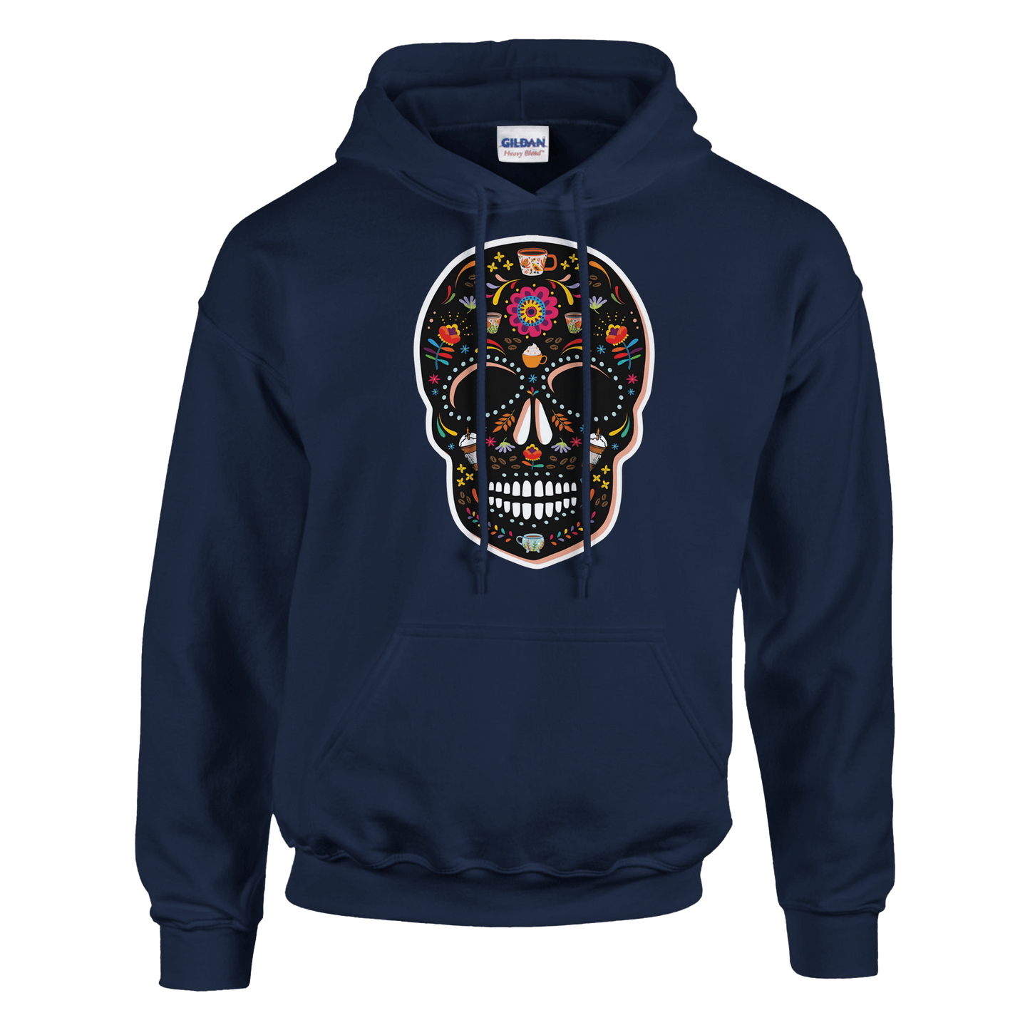 Good Bean Gifts "Caffeinated Sugar Skull"  Unisex Pullover Hoodie | Gildan® 18500 Navy / S