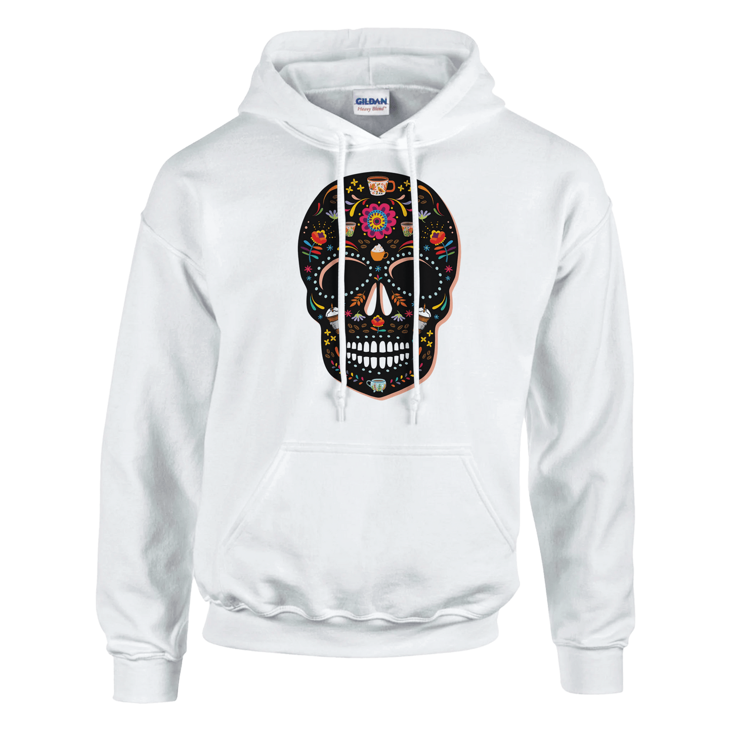 Good Bean Gifts "Caffeinated Sugar Skull"  Unisex Pullover Hoodie | Gildan® 18500 White / S