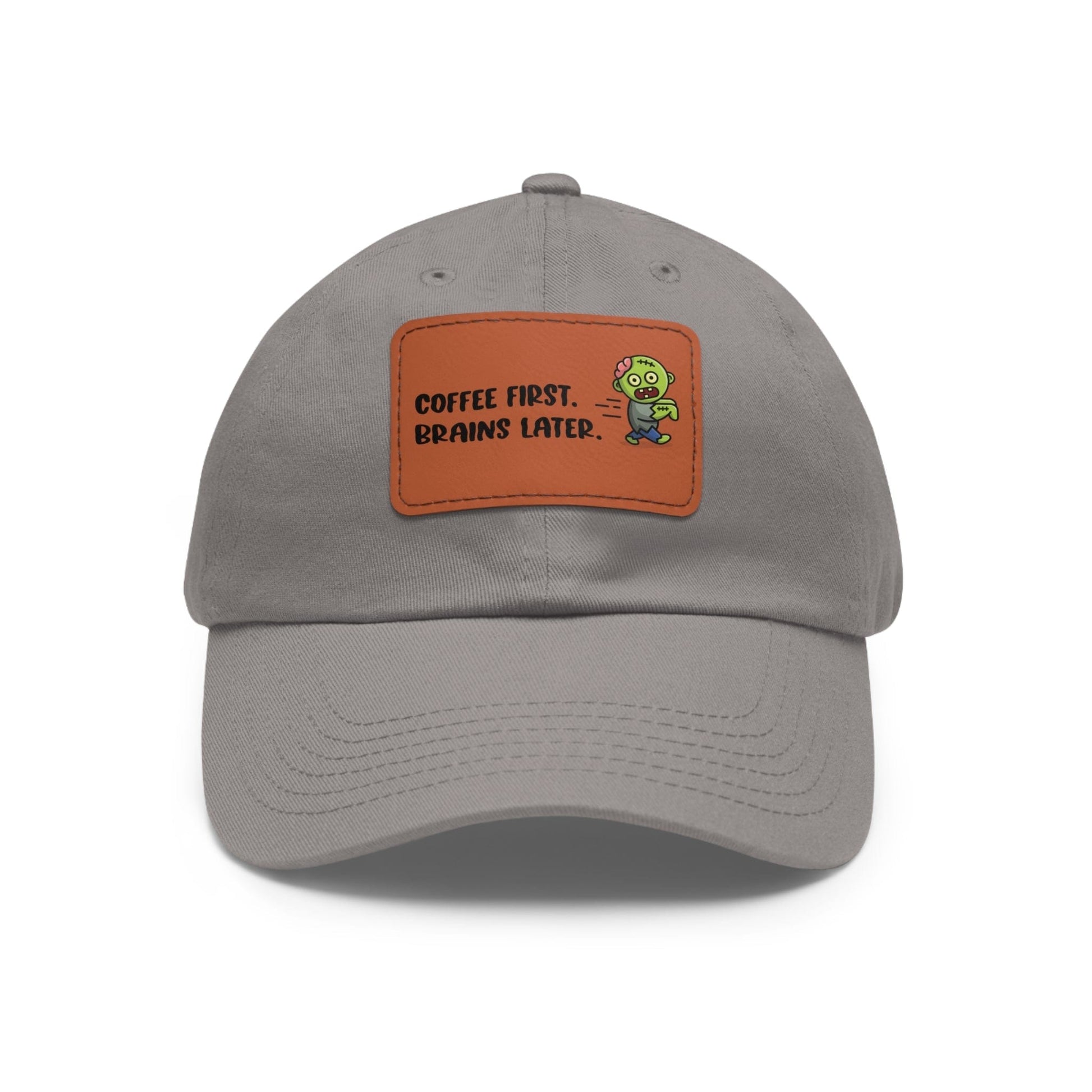 Good Bean Gifts "Caffeinated Zombie" Dad Hat with Leather Patch Grey / Light Brown patch / Rectangle / One size