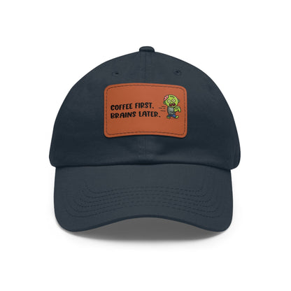 Good Bean Gifts "Caffeinated Zombie" Dad Hat with Leather Patch Navy / Light Brown patch / Rectangle / One size