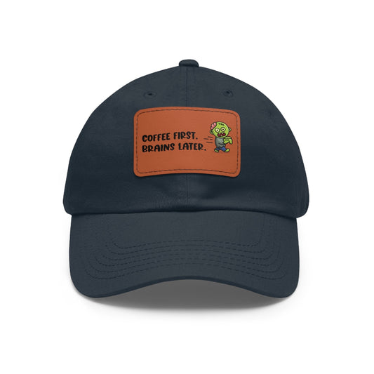 Good Bean Gifts "Caffeinated Zombie" Dad Hat with Leather Patch Navy / Light Brown patch / Rectangle / One size