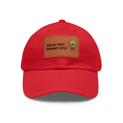 Good Bean Gifts "Caffeinated Zombie" Dad Hat with Leather Patch Red / Light Brown patch / Rectangle / One size