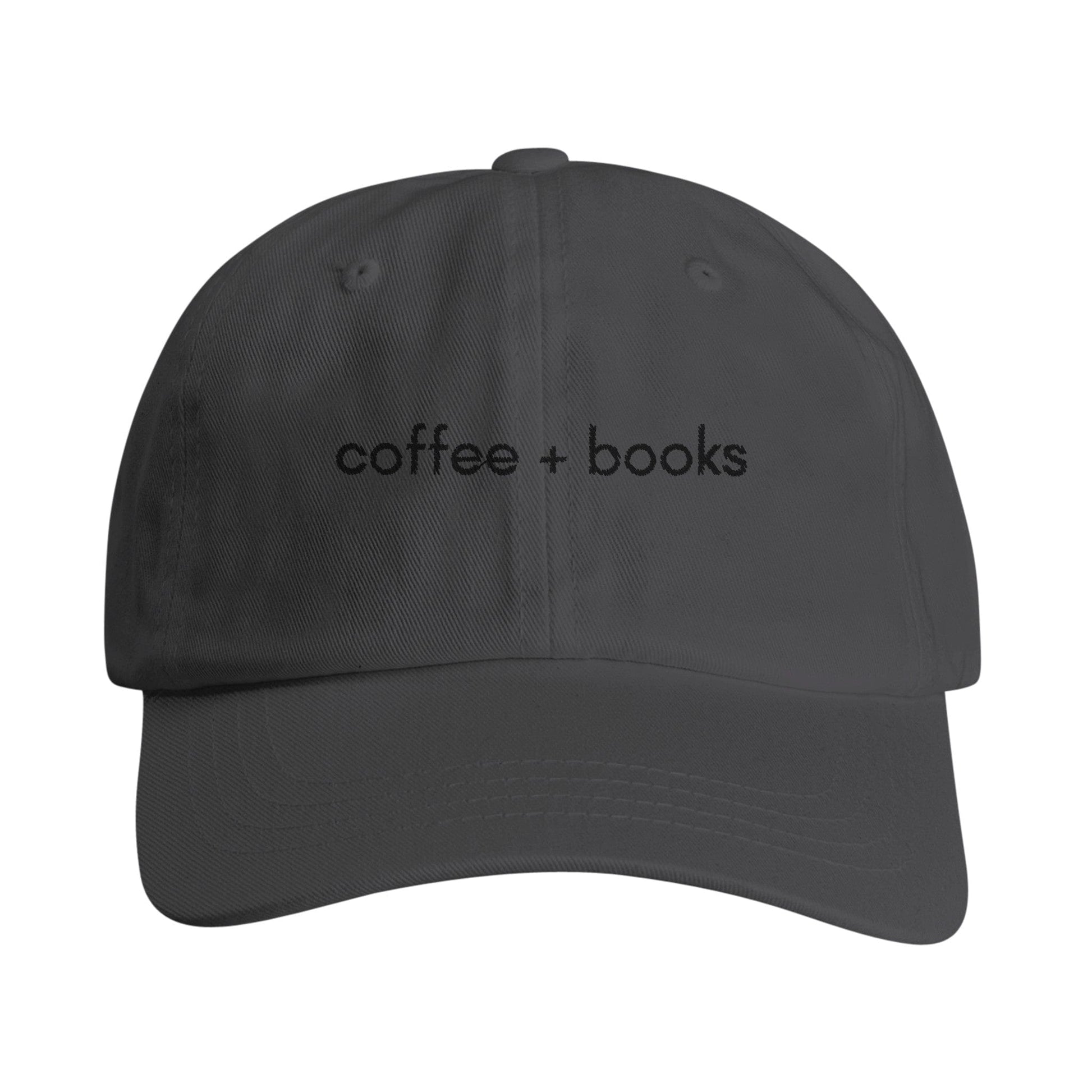 Good Bean Gifts Coffee + Books Imprint Dad Hat – Stylish Cotton Twill Embroidered Cap for Book Lovers Dark Grey