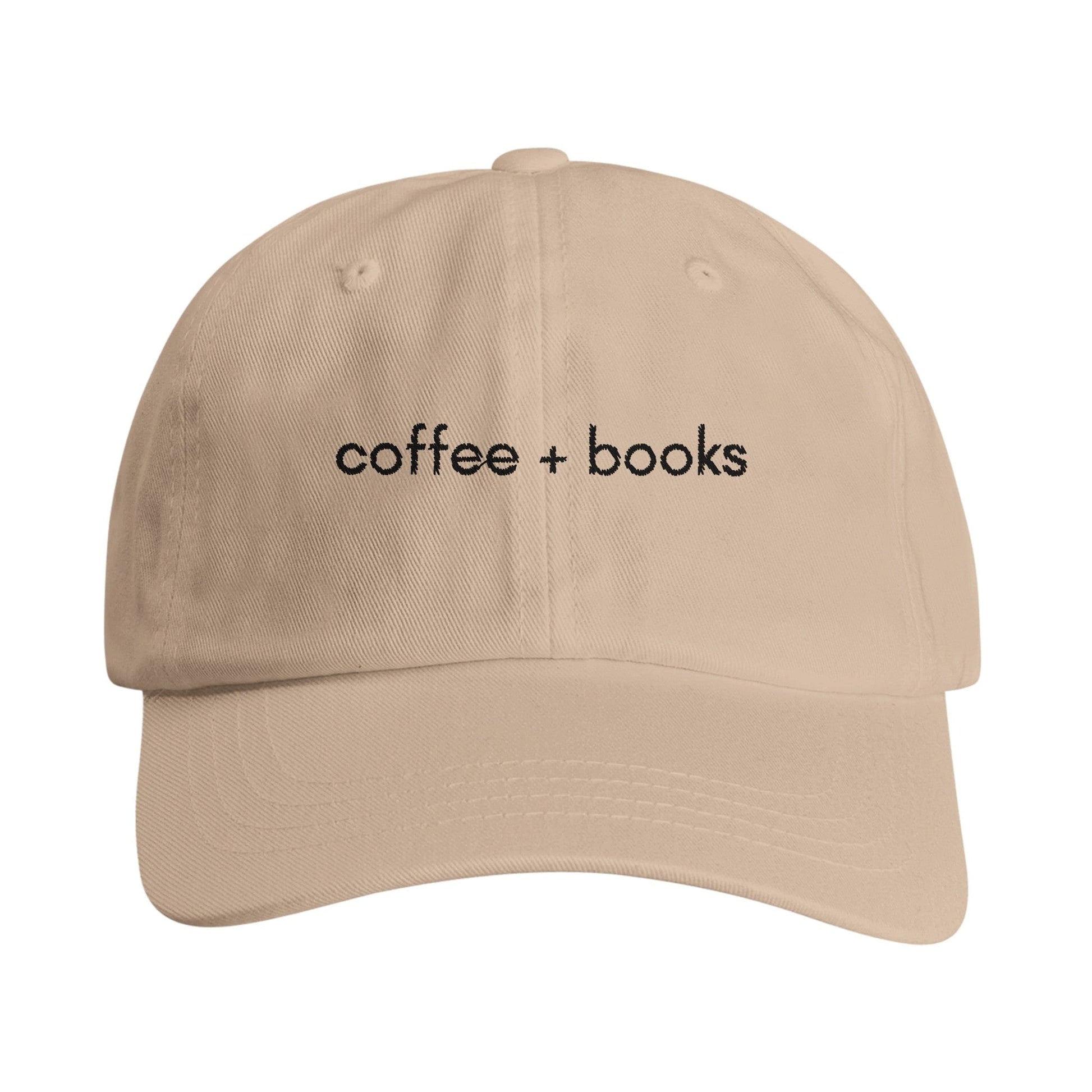 Good Bean Gifts Coffee + Books Imprint Dad Hat – Stylish Cotton Twill Embroidered Cap for Book Lovers Khaki