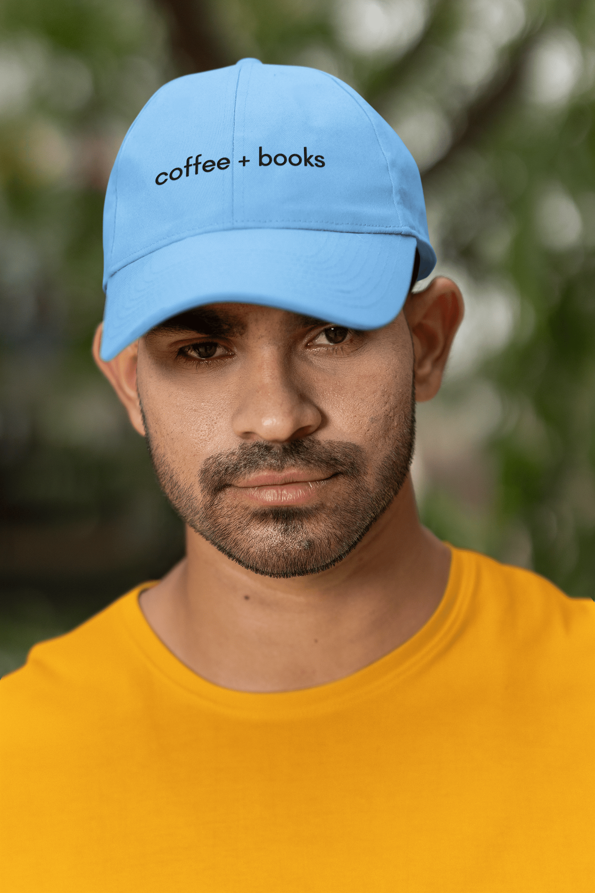 Good Bean Gifts Coffee + Books Imprint Dad Hat – Stylish Cotton Twill Embroidered Cap for Book Lovers Light Blue