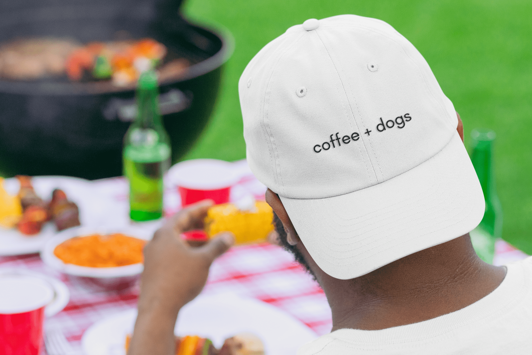 Good Bean Gifts "Coffee + Dogs"  Embroidered Dad Cap – Perfect Hat for Dog and Coffee Lovers White