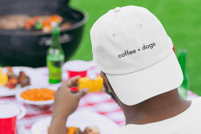 Good Bean Gifts "Coffee + Dogs"  Embroidered Dad Cap – Perfect Hat for Dog and Coffee Lovers White