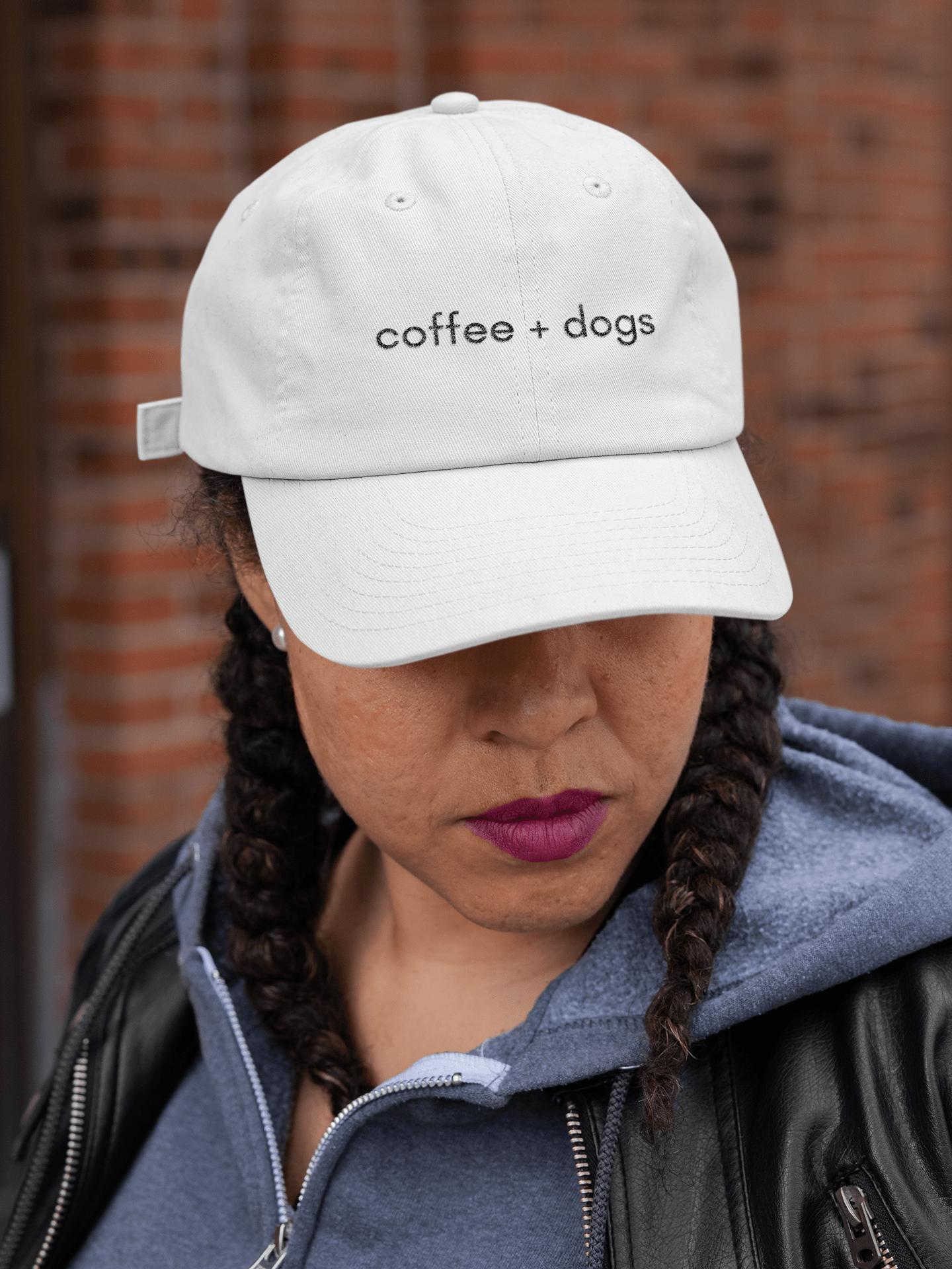 Good Bean Gifts "Coffee + Dogs"  Embroidered Dad Cap – Perfect Hat for Dog and Coffee Lovers White