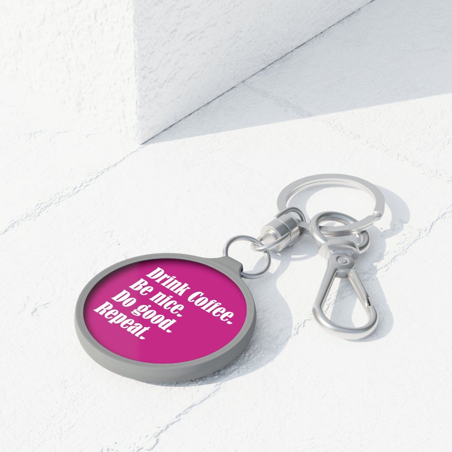 Good Bean Gifts "Drink Coffee, Be Nice, Do Good, Repeat". Keyring Tag (Pink w/gray trim) One size / Grey