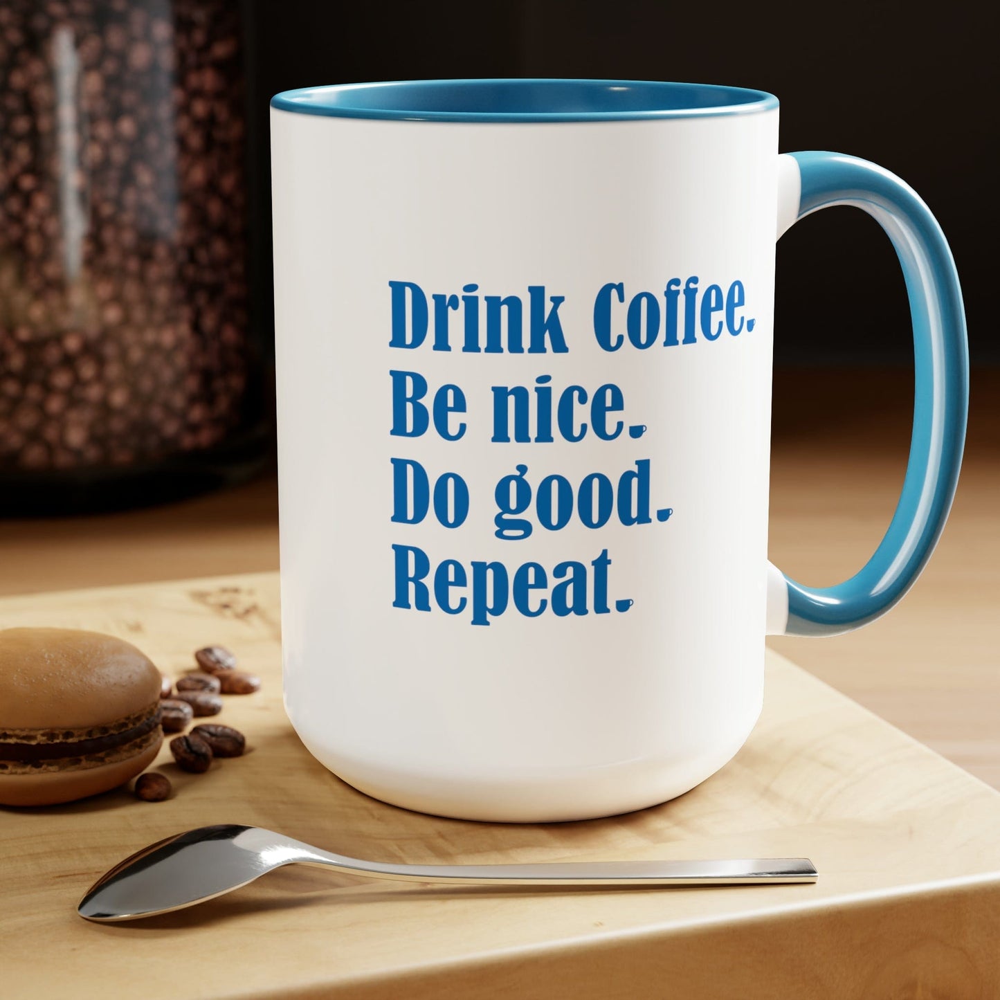 Good Bean Gifts "Drink Coffee, Be Nice, Do Good, Repeat" Two-Tone Coffee Mugs, 15oz 15oz / Light Blue