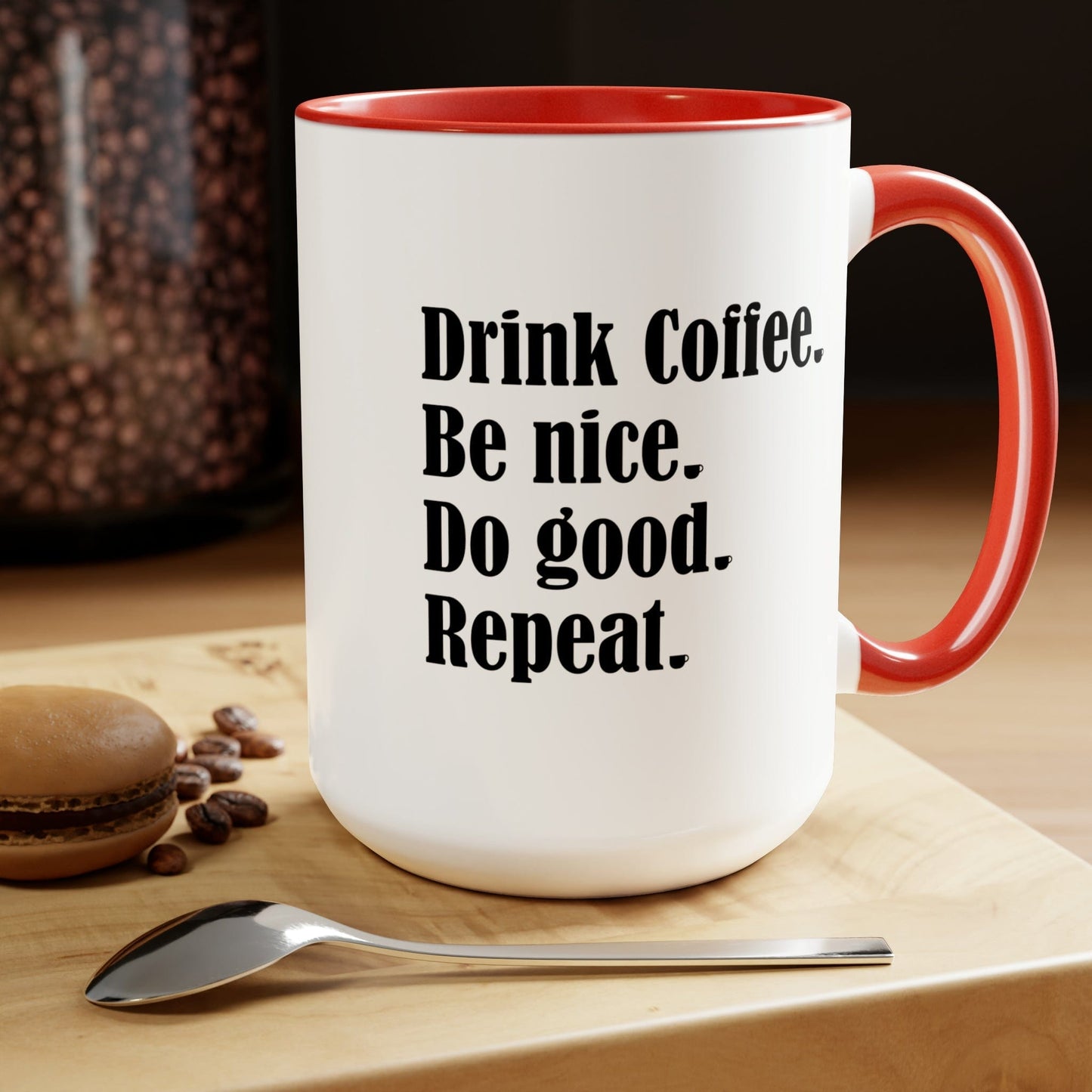Good Bean Gifts "Drink Coffee, Be Nice, Do Good, Repeat" Two-Tone Coffee Mugs, 15oz 15oz / Red