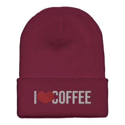 Good Bean Gifts I Love Coffee Beanie – Stylish & Warm Flexfit Cuffed Hat Maroon