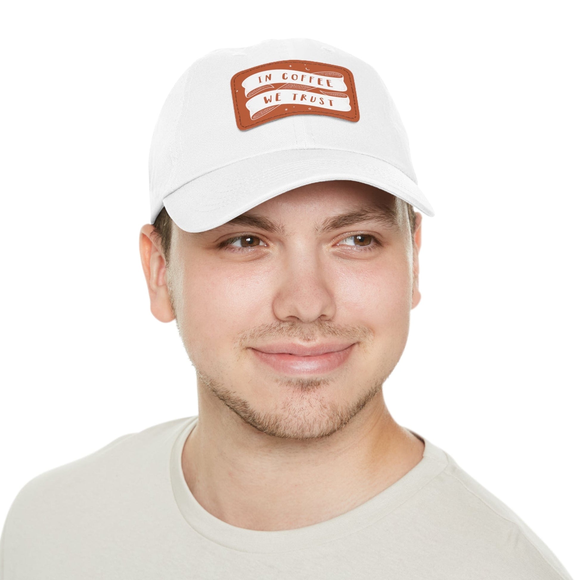 In Coffee We Trust Dad style Hat with Leather Patch (Rectangle