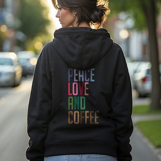 Good Bean Gifts "Peace Love and Coffee" -Unisex Pullover Hoodie (Back of hoodie imprint) Black / S