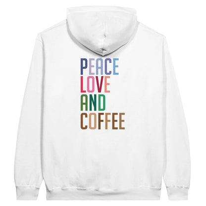 Good Bean Gifts "Peace Love and Coffee" -Unisex Pullover Hoodie (Back of hoodie imprint) White / S