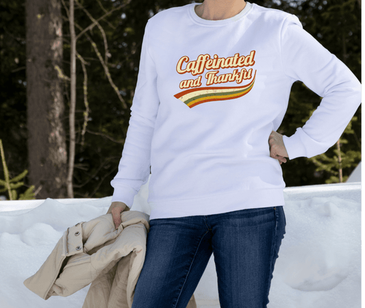 Good Bean Gifts Retro/Distressed- Caffeinated and Thankful - Classic Unisex Crewneck Sweatshirt | Gildan® 18000 Ash / S